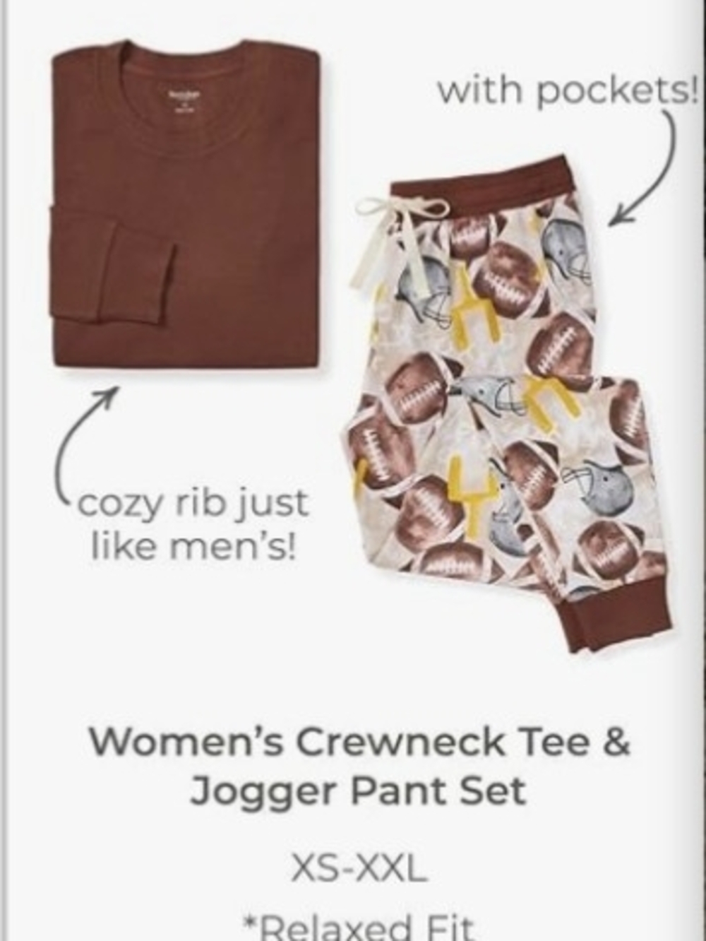 Burt's Bees Women's Football Print Pajama Size Large Brown/White NWT - Picture 3 of 3